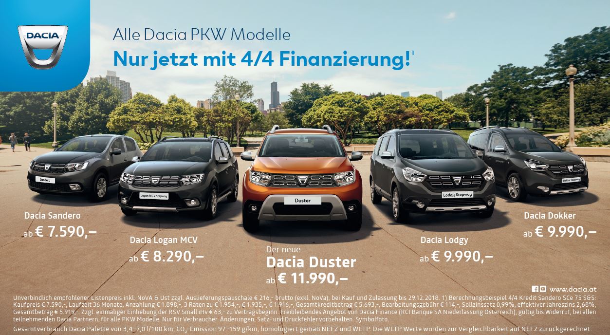 Dacia Aktionen im Dezember 4/4 Finanzierung für alle Dacia PKW Modelle | 50/50 Kredit mit 0% Fixzins