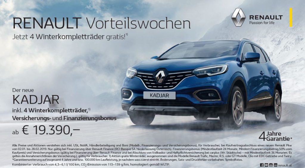 Renault Vorteilswochen im Jänner 4 Winterkompletträder gratis | Finanzierungs- und Versicherungsbonus | 50/50 Kredit mit 0% Fixzins