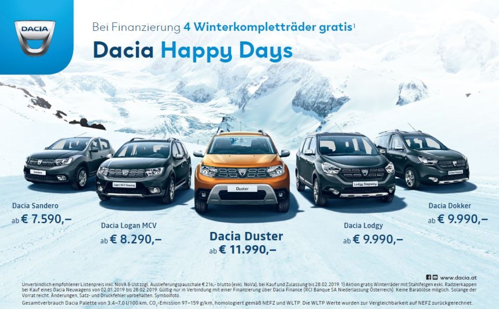 Dacia Happy Days im Jänner 4 Winterkompletträder gratis | 50/50 Kredit mit 0% Fixzins