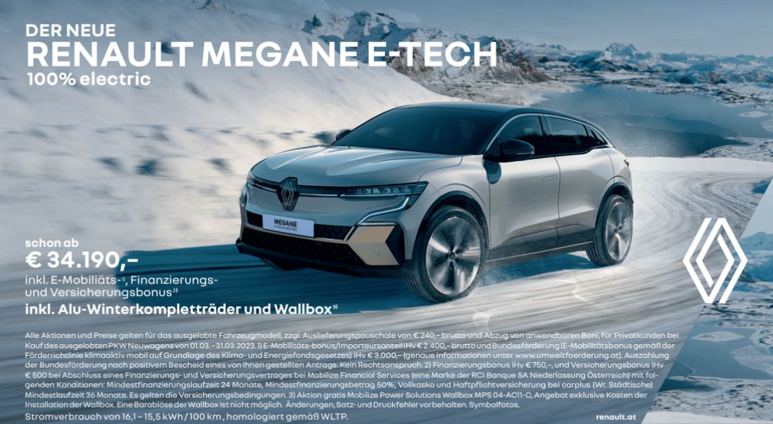 Megane E-Tech Electric: Alu-Winterkompletträder und Mobilize Wallbox gratis im März! | Alu-Winterkompletträder gratis für viele Modelle | Finanzierungs- & Versicherungsbonus