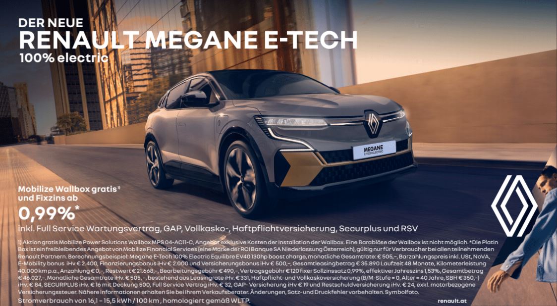 Megane E-Tech Electric: Mobilize Wallbox gratis | Großer Modell - und On Top Bonus | Finanzierungs- & Versicherungsbonus