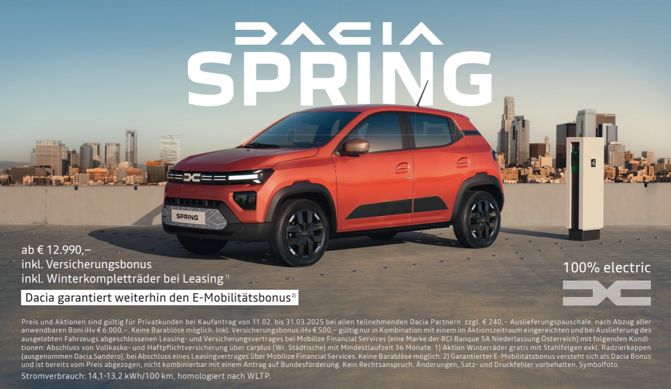 Winterkompletträder gratis | Vorteilhafte Zinssätze ab 1,99% & 0% für HEV Motoren | Versicherungsbonus | 3/3 Kredit | Dacia garantiert weiterhin den ausgelaufenen E-Mobilitätsbonus!