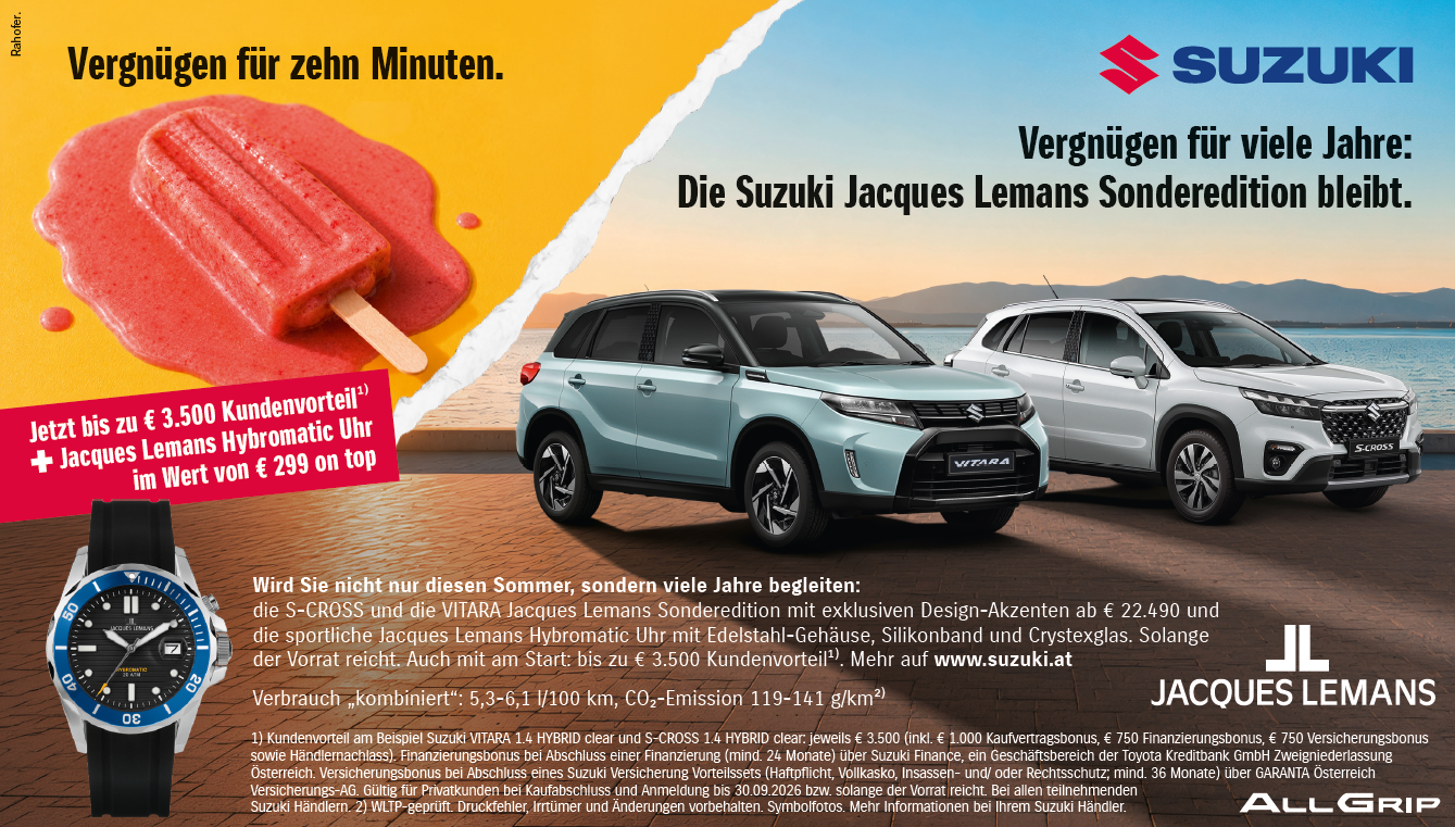 bis zu € 3.500,- Kundenvorteil und Jacques Lemans Uhr sichern Aktion bis 30. September 2026| bis zu € 3.600,- Sommerbonus bei e Vitara